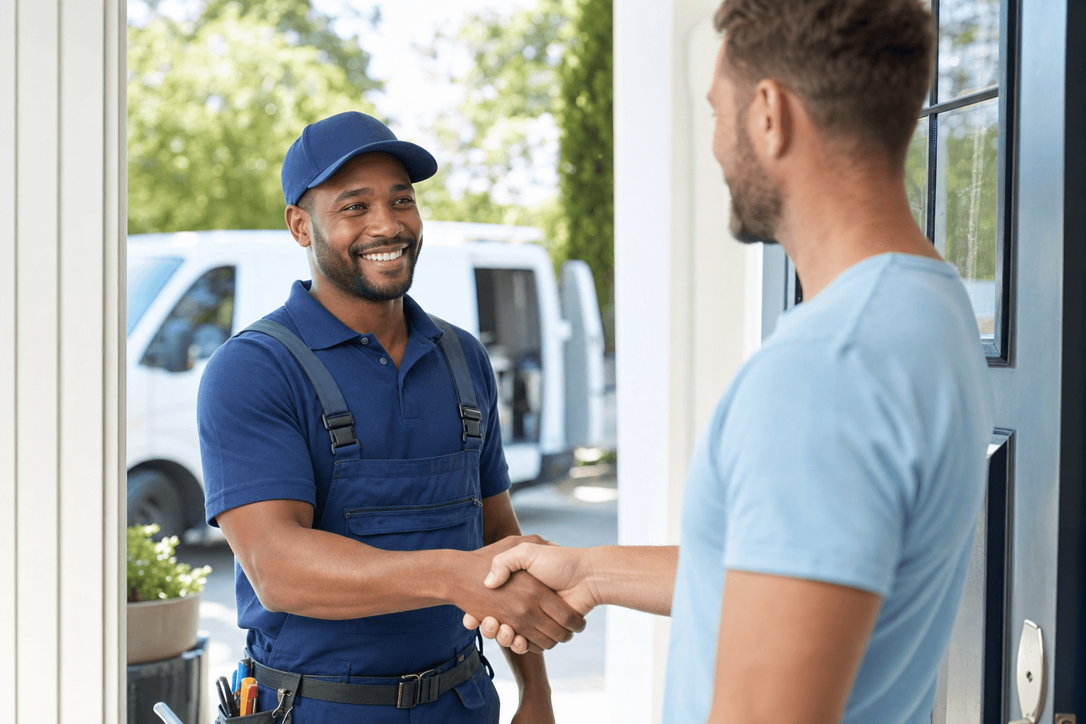 A friendly plumber shaking hands with a happy homeowner at their front door, service van behind